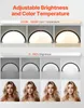 Demonstration of adjustable brightness and color temperature of a desk lamp, with accompanying portraits of a woman under different lighting conditions. Voir les images du produit