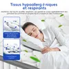 A woman sleeping peacefully on a white mattress, with informational callouts and graphics about the mattress's features. Voir les images du produit