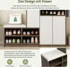 A collage of images showing a white and brown shoe cabinet with a padded seat, along with text highlighting its features and benefits. Anteprima dell’immagine prodotto