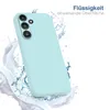 A light blue phone case is shown with water splashing around it, suggesting it is water-repellent. Produktbild-Vorschau