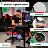 A man sitting in a gaming chair in front of a computer, with various close-ups of the chair's features. Produktbild-Vorschau