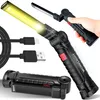 A collage of images showcasing a black LED work light with a yellow light beam, a USB charging cable, and a hand holding the light. Anteprima dell’immagine prodotto