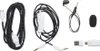 A collection of cables and accessories for a gaming headset, laid out on a white background. Produktbild-Vorschau