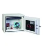 An open safe displaying various items inside, including a passport, camera, CD, watch, and keys. Voir les images du produit