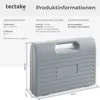 A gray toolbox with product information and dimensions displayed around it. Produktbild-Vorschau