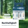 Product packaging for rechargeable batteries set against a forest background, with text highlighting sustainability. Produktbild-Vorschau