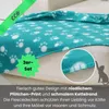 A close-up of a turquoise fleece blanket with white paw prints draped over a light-colored sofa. A magnified view of the blanket's edge is shown, and a green ribbon with 'eco' is at the top left. A green starburst with '3er-Set' is in the lower left. A sil Produktbild-Vorschau