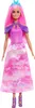 A Barbie doll wearing a pink and purple dress and a blue tiara, standing against a white background. Voir les images du produit