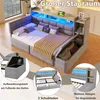 A modern bed with integrated storage and LED lighting, shown in a bedroom setting with inset images highlighting specific features. Produktbild-Vorschau