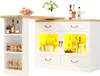 A white kitchen island with a wooden countertop and shelves, displaying bottles, jars, and fruit. The island has glass-fronted cabinets with yellow interior lighting. Anteprima dell’immagine prodotto