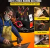 A collage of images showing a blacksmith working with a gas forge, and examples of items made with it. Voir les images du produit