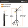 Diagram showing dimensions and specifications of a light stand. Voir les images du produit