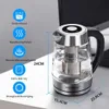 A glass electric kettle with various features highlighted by icons and text, placed on a table. Produktbild-Vorschau