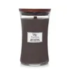 A WoodWick Sand & Driftwood scented candle in a glass jar with a wooden lid. Podgląd zdjęcia produktu