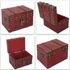 A collage of four images showing a decorative wooden treasure chest from different angles, with the lid open and closed, and featuring a lock. Produktbild-Vorschau