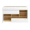 A white and wood-grain sideboard with open doors and drawers, showing the interior shelves. Voir les images du produit