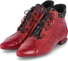 A pair of red lace-up ankle boots with a patterned fabric lining. Produktbild-Vorschau