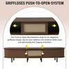 Collage showing a wooden TV stand with push-to-open doors and Rattan elements, with text explaining the feature. Podgląd zdjęcia produktu