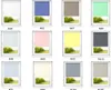A collage of different colored roller blinds shown in windows with a landscape view. Voir les images du produit