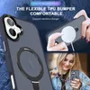 A collage of images showing a phone case with a magnetic ring, a hand attaching a wireless charger, and a woman holding a phone with the case. Produktbild-Vorschau
