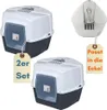 A collage of cat litter boxes, with tags indicating a set of two and a feature. Produktbild-Vorschau