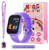 A purple smartwatch for children is displayed with its packaging and accessories. Produktbild-Vorschau