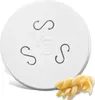 A white pasta maker disc with three 'S' shaped openings and a logo in the center, with a portion of cooked fusilli pasta in the foreground. Produktbild-Vorschau