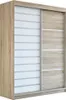 A wardrobe with sliding doors, one side with wood-effect panels and the other with white panels divided by horizontal silver lines. Produktbild-Vorschau