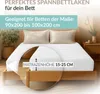 A bed with a fitted sheet and pillows, with a close-up inset showing mattress height. Produktbild-Vorschau