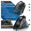 A diagram and close-up shots of a black vertical mouse, with labels and descriptions of its features and functions. Produktbild-Vorschau