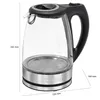 A glass electric kettle with stainless steel accents and a black handle, shown with dimensions indicated by lines and text. Produktbild-Vorschau
