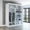 A white wardrobe with clothes hanging inside and shelves filled with folded clothes and storage boxes. Produktbild-Vorschau