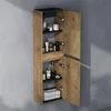 A tall, narrow bathroom cabinet with wooden doors open, displaying toiletries and towels. Anteprima dell’immagine prodotto