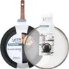 A frying pan and a pot lid are shown in their packaging. Produktbild-Vorschau
