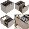 Collage of four images showing a bathroom vanity cabinet with drawers and organizers. Produktbild-Vorschau