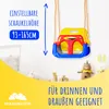 A colorful baby swing is shown hanging, with text indicating adjustable height and suitability for indoor/outdoor use. Decorative elements and toys are blurred in the background. Produktbild-Vorschau
