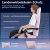 A person sitting in a pink gaming chair, with text overlays highlighting the chair's ergonomic features. Náhled obrázku produktu