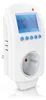 A white smart plug-in thermostat with a digital display and an electrical socket. Náhľad obrázku produktu