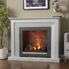A fireplace with a glass door and stone interior, set in a living room. Voir les images du produit