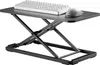 A black adjustable standing desk converter with a white keyboard and a grey mouse on top, set against a white background. Anteprima dell’immagine prodotto
