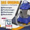 A blue wet/dry vacuum cleaner with a hose and cleaning attachment, presented with marketing text and certifications. Produktbild-Vorschau