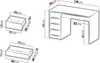 Diagrams showing the dimensions of a desk and its drawers, along with a wireframe illustration of the desk itself. Náhled obrázku produktu