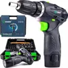 A collage of a cordless drill set, including the drill, its case, and accessories. Náhľad obrázku produktu