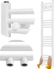 A white towel radiator is shown in a studio setting with parts of the radiator highlighted and a person's hands interacting with the radiator. Náhled obrázku produktu
