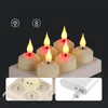 A set of LED tea lights on a charging base, with inset images showing the charging base and a power bank. Produktbild-Vorschau
