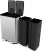 A silver dual-compartment trash can with two black inner bins and open lids, displayed on a white background. Podgląd zdjęcia produktu