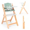 A high-quality product image of a wooden high chair with a green cushion and tray, shown from multiple angles. Náhľad obrázku produktu