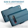 A teal leather wallet-style phone case is shown from a diagonal angle, with a close-up view of the camera cutout and a description of its features. Produktbild-Vorschau