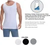 A man wearing a white undershirt, with text and color swatches. Produktbild-Vorschau