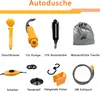 A collage of various components of a camping shower kit, with German labels. Voir les images du produit